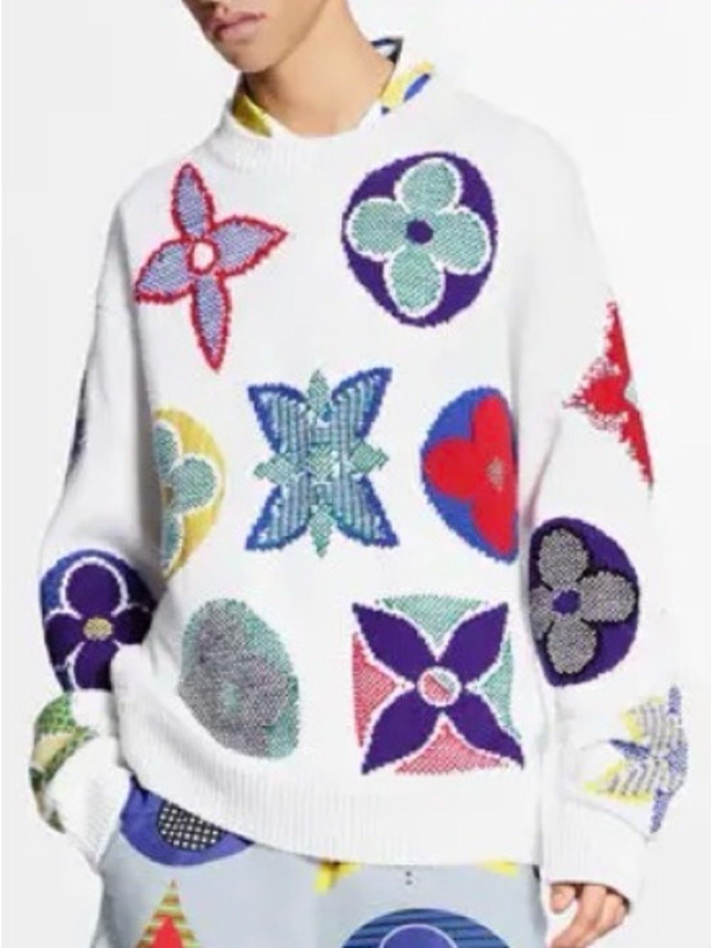 Authentic Louis Vuitton Cream Crewneck Sweater with Multicolor Monogram Knit